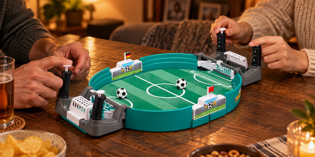RetroEngel Tischfußball-Spiel mit vier Druckhebeln auf einem Wohnzimmertisch