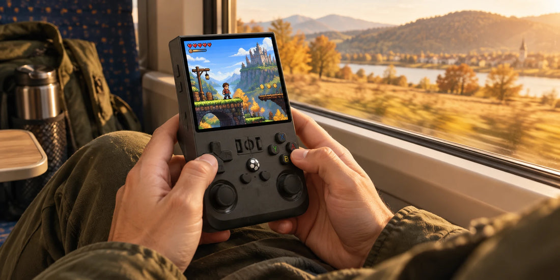 Schwarzer R36 Pro Retro-Handheld in den Händen eines Erwachsenen während einer Zugreise