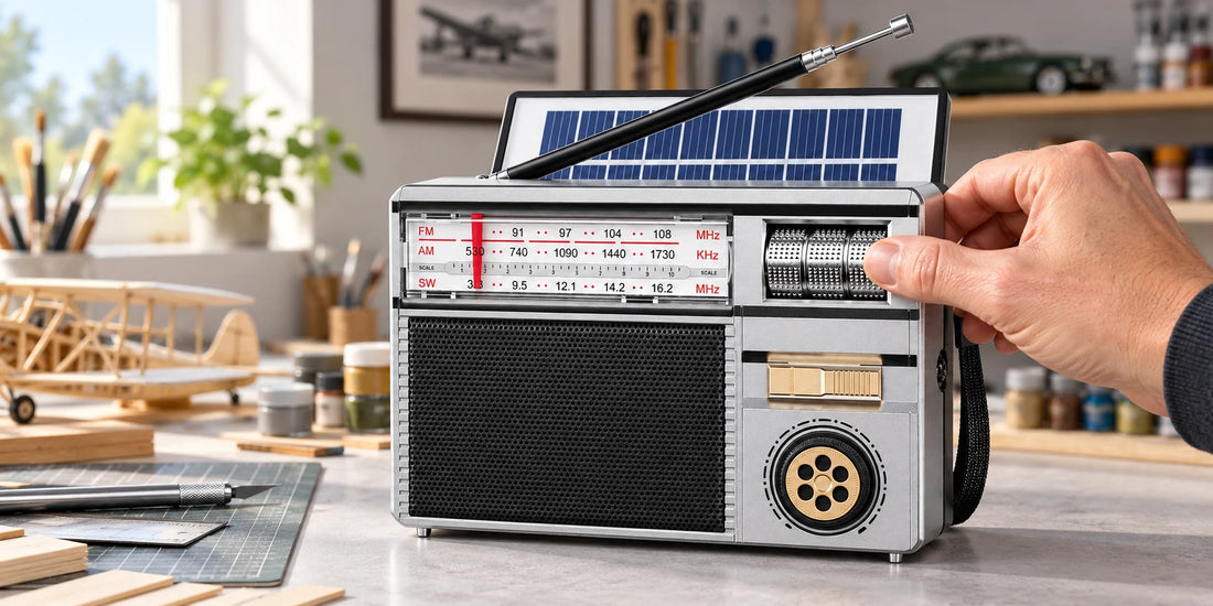 Silbernes RetroEngel Radio mit Solarpanel auf einem hellen Modellbau-Arbeitstisch
