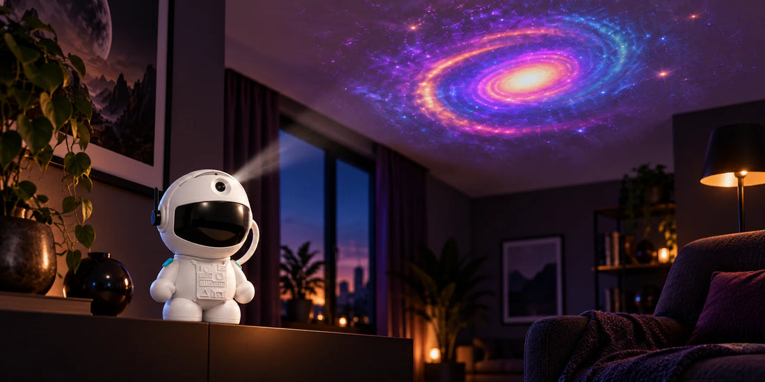 Weißer RetroEngel Astronaut-Projektor auf Regal mit einem Weltraummotiv im dunklen Wohnzimmer