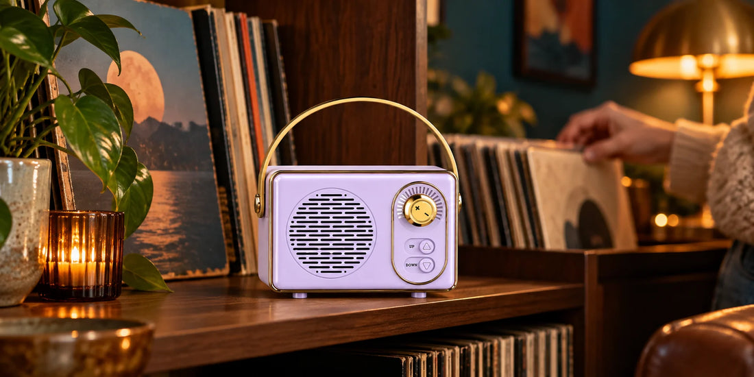 Lila-rosa Mini RetroEngel Bluetooth-Lautsprecher auf einem Holzregal zwischen Büchern und Schallplatten