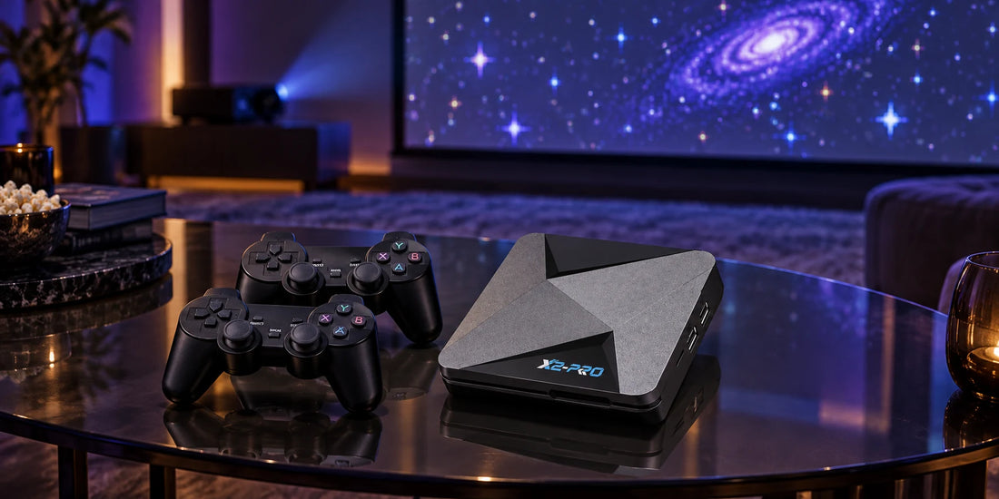 Super Console X2 Pro mit zwei schwarzen Gamepads vor einer unscharfen Projektionsfläche im Heimkino