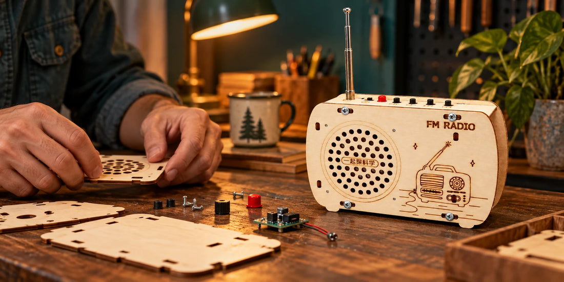 RetroEngel Holzradio-FM-Bausatz mit sortierten Holzteilen auf einem Basteltisch