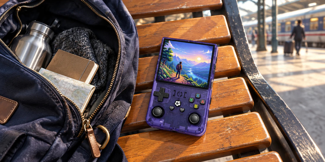 Violette R36 Max Handheld-Konsole liegt neben einem gepackten Wochenendrucksack
