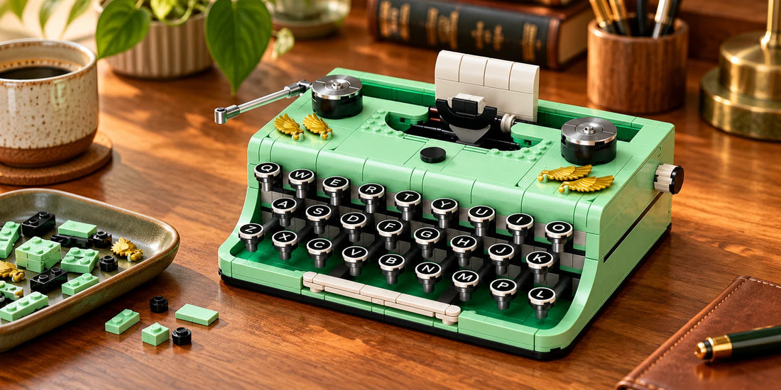 Mintgrünes Retro-Schreibmaschinen-Bausteinmodell mit sortierten Kleinteilen auf einem Basteltisch