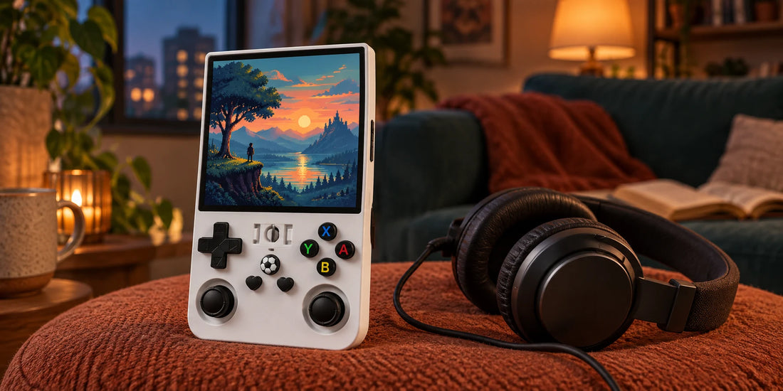 R36 Max Handheld liegt mit separat bereitgelegten kabelgebundenen Kopfhörern in einer gemeinsamen Wohnecke