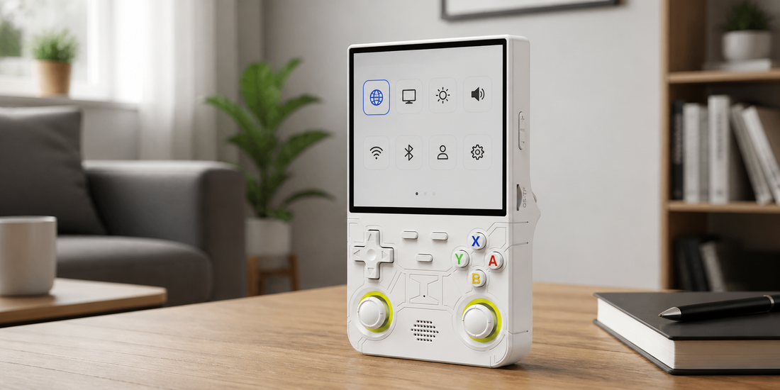 Weißer R36 Ultra Retro-Handheld mit geöffnetem symbolbasiertem Sprach- und Displaymenü auf einem hellen Wohnzimmertisch