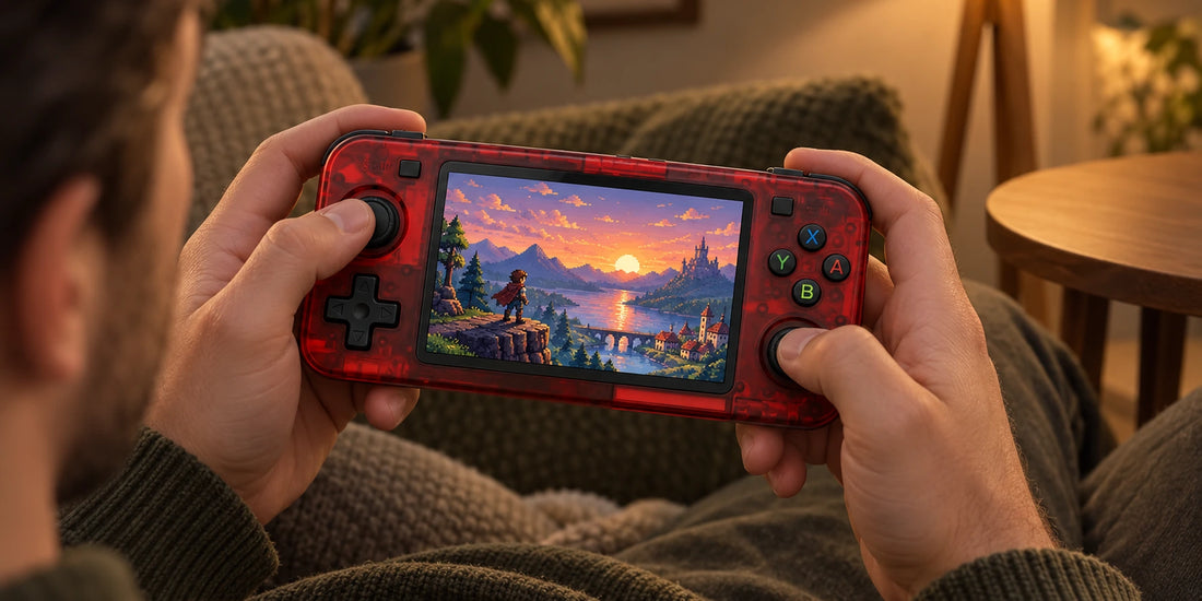R36H Retro-Handheld im Querformat mit sichtbarem Steuerkreuz und Aktionstasten