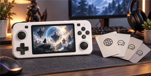 Weiße R36H Handheld-Konsole neben neutralen Symbolkarten für Sprachen
