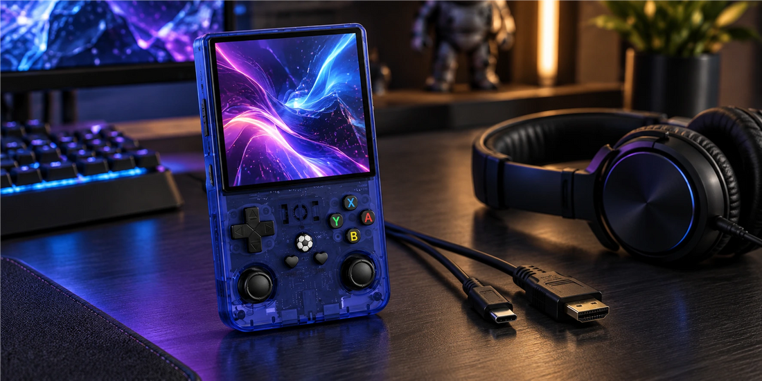 R36 Max Handheld neben USB-C-Kabel, HDMI-Kabel und Kopfhörer