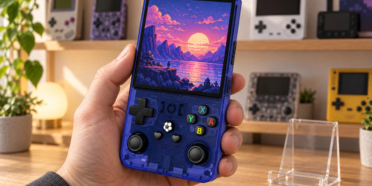 R36 Max Handheld in den Händen eines Sammlers vor einem geordneten Konsolenregal