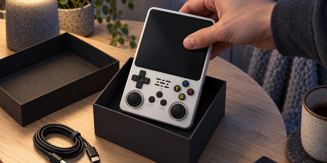 R36Plus Handheld neben Aufbewahrungsbox und USB-Type-C-Kabel nach einer Spielrunde
