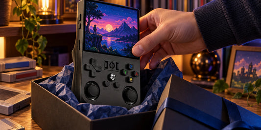 Schwarze R36 PRO Handheld-Konsole als Retro-Gaming-Geschenk in einer Sammlerecke