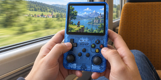 Blaue R36S-Handheld-Konsole in den Händen eines Reisenden am Zugfenster