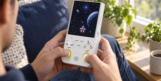 Weiße R36 Ultra Handheld-Konsole bei einer ruhigen Spielpause zu Hause