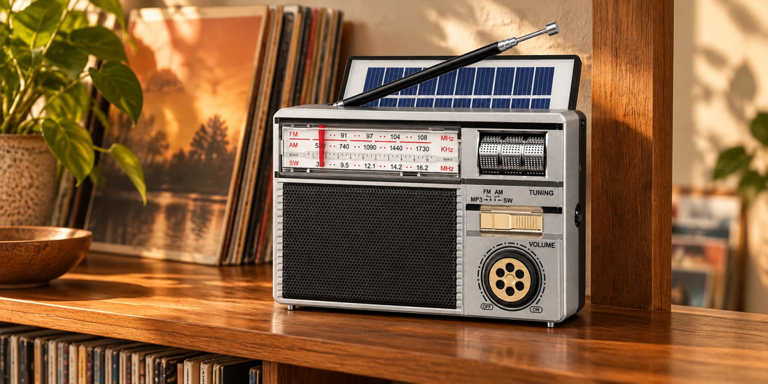 Silbernes Retro-Radio mit Solarpanel auf einem Teakregal vor unscharfen Plattenhüllen