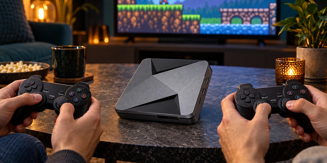 Super Console X2 Pro mit zwei Wireless-Gamepads für einen Spieleabend zu zweit