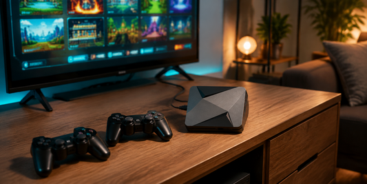Super Console X2 Pro mit zwei schwarzen Controllern vor einem Fernseher auf einem Holz-TV-Möbel
