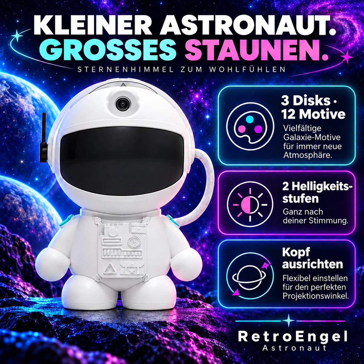 Astronaut-Projektor mit 12 Motiven auf drei Disks und zwei Helligkeitsstufen