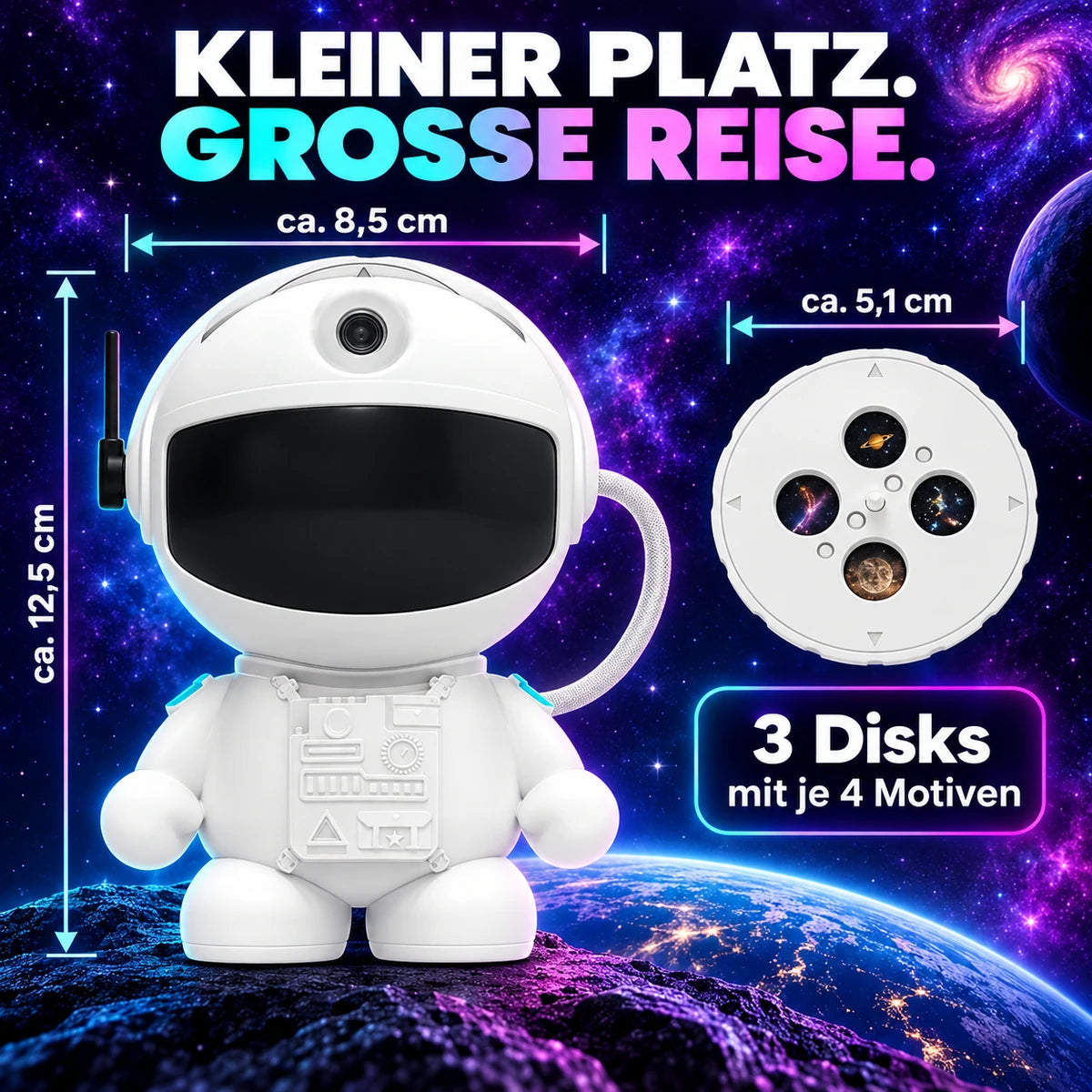 Astronaut-Projektor: ungefähr 12,5 Zentimeter hoch und 8,5 Zentimeter breit