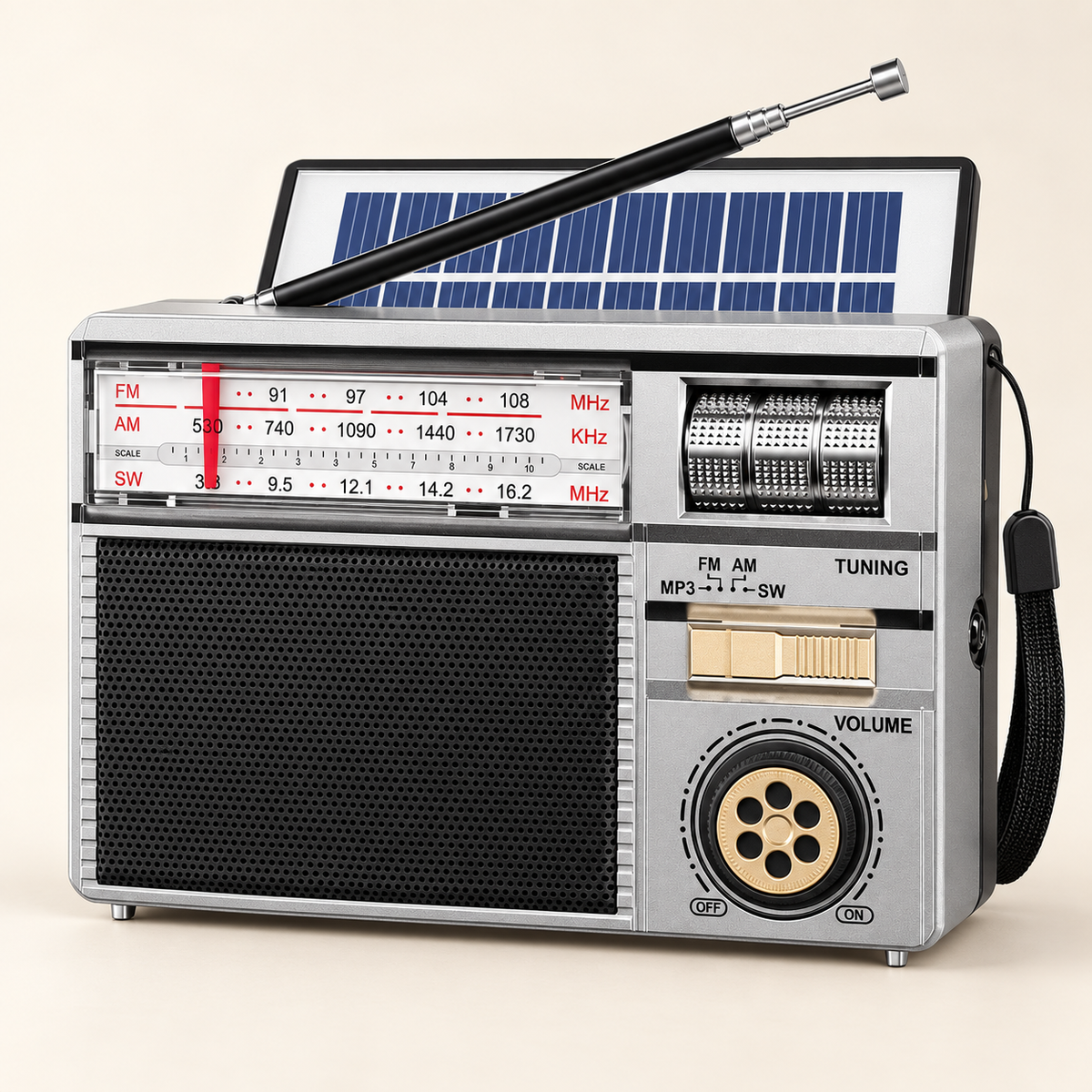 Silbernes Retro-Radio mit Antenne und aufgeklapptem Solarpanel