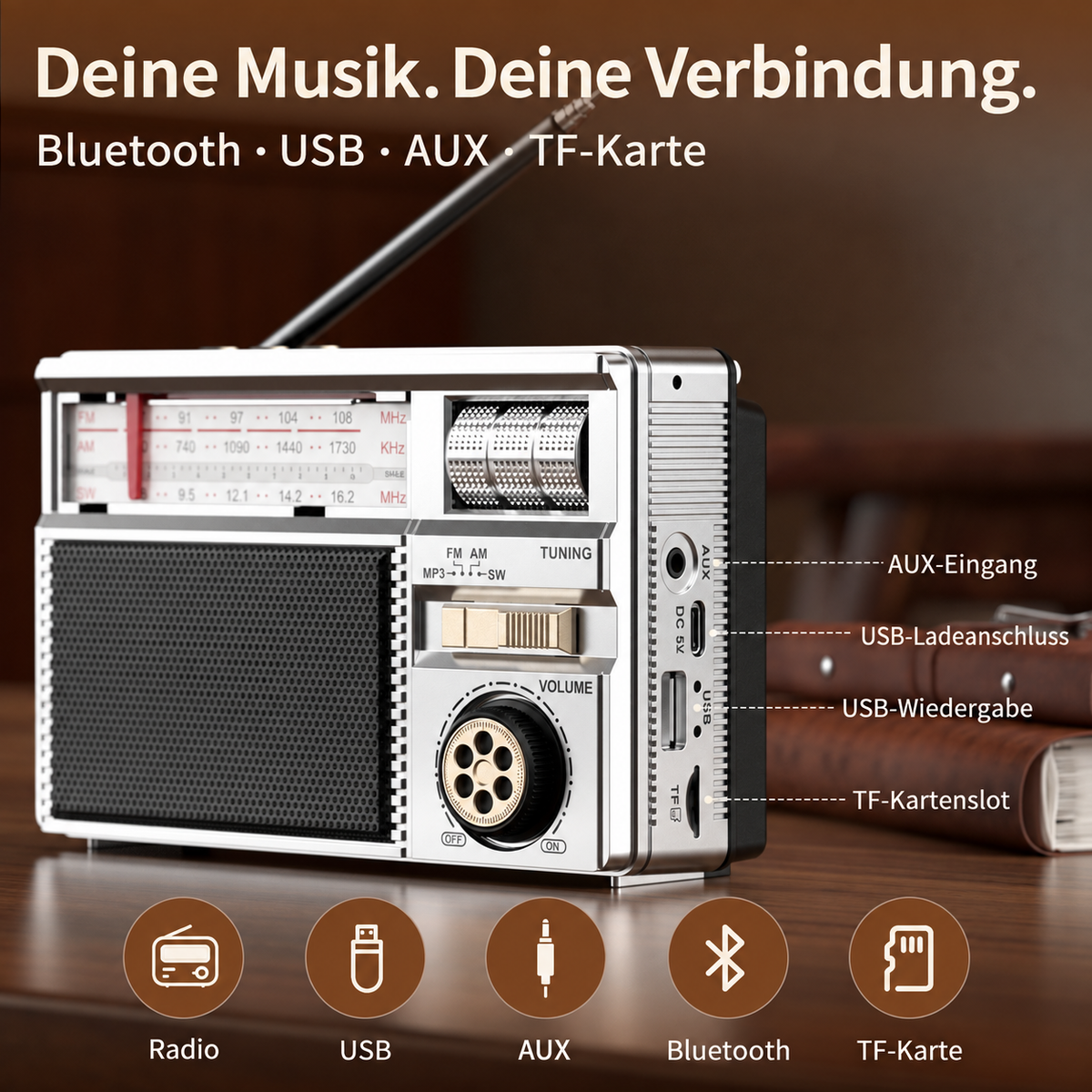 Anschlüsse am Retro-Radio für Audio und USB-Ladung