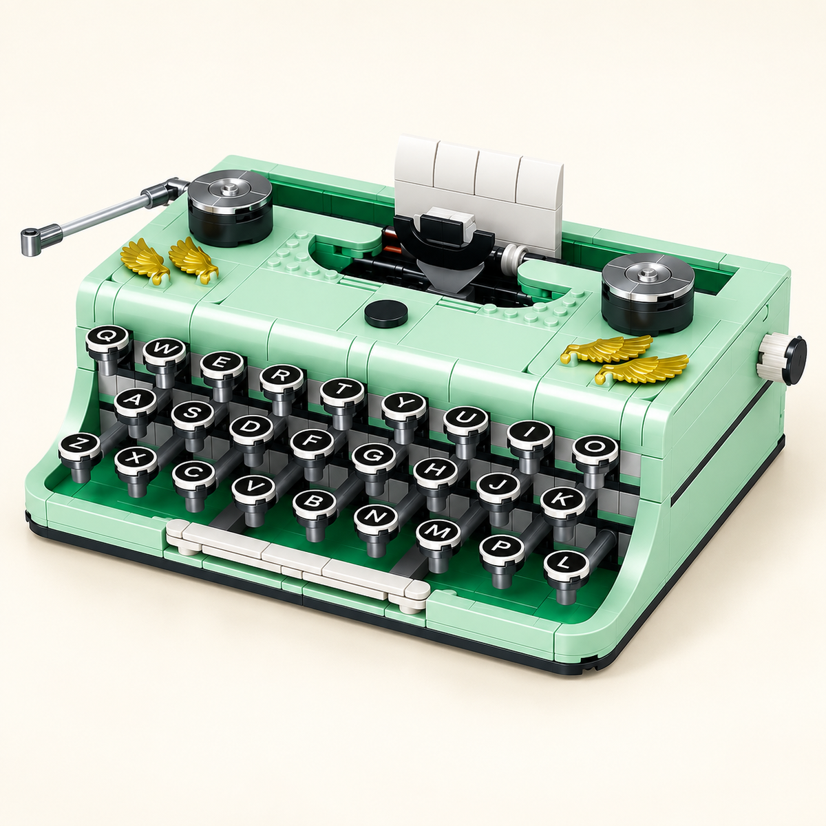 Mintgrüne Retro-Schreibmaschine als Mikrobausteinmodell