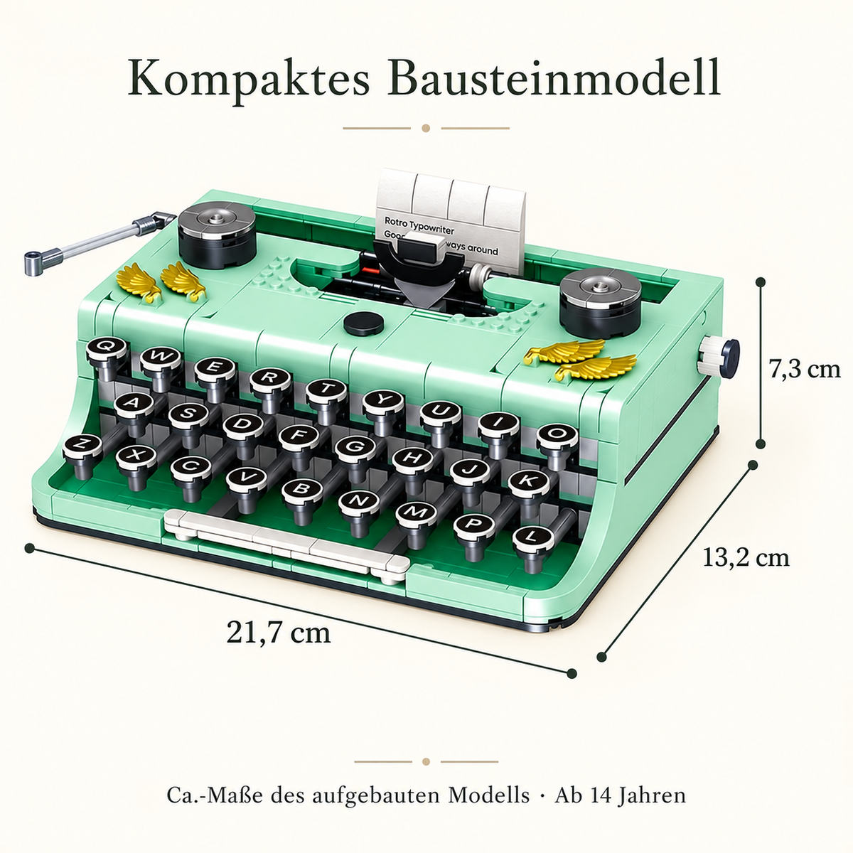 Schreibmaschinen-Modell: ungefähr 21,7 mal 13,2 mal 7,3 Zentimeter