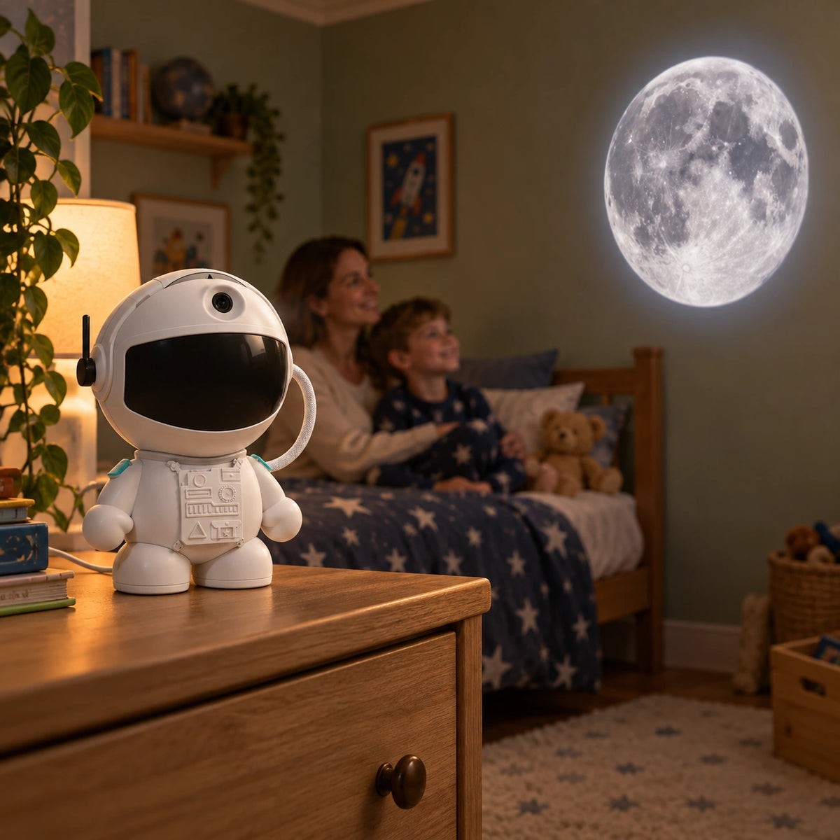 Astronaut-Projektor im Kinderzimmer: Elternteil und Kind betrachten ein Mondmotiv