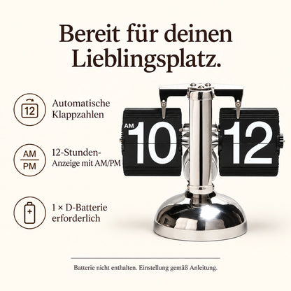 Flip-Tischuhr in Chrom: 12-Stunden-Anzeige, D-Batterie separat erforderlich