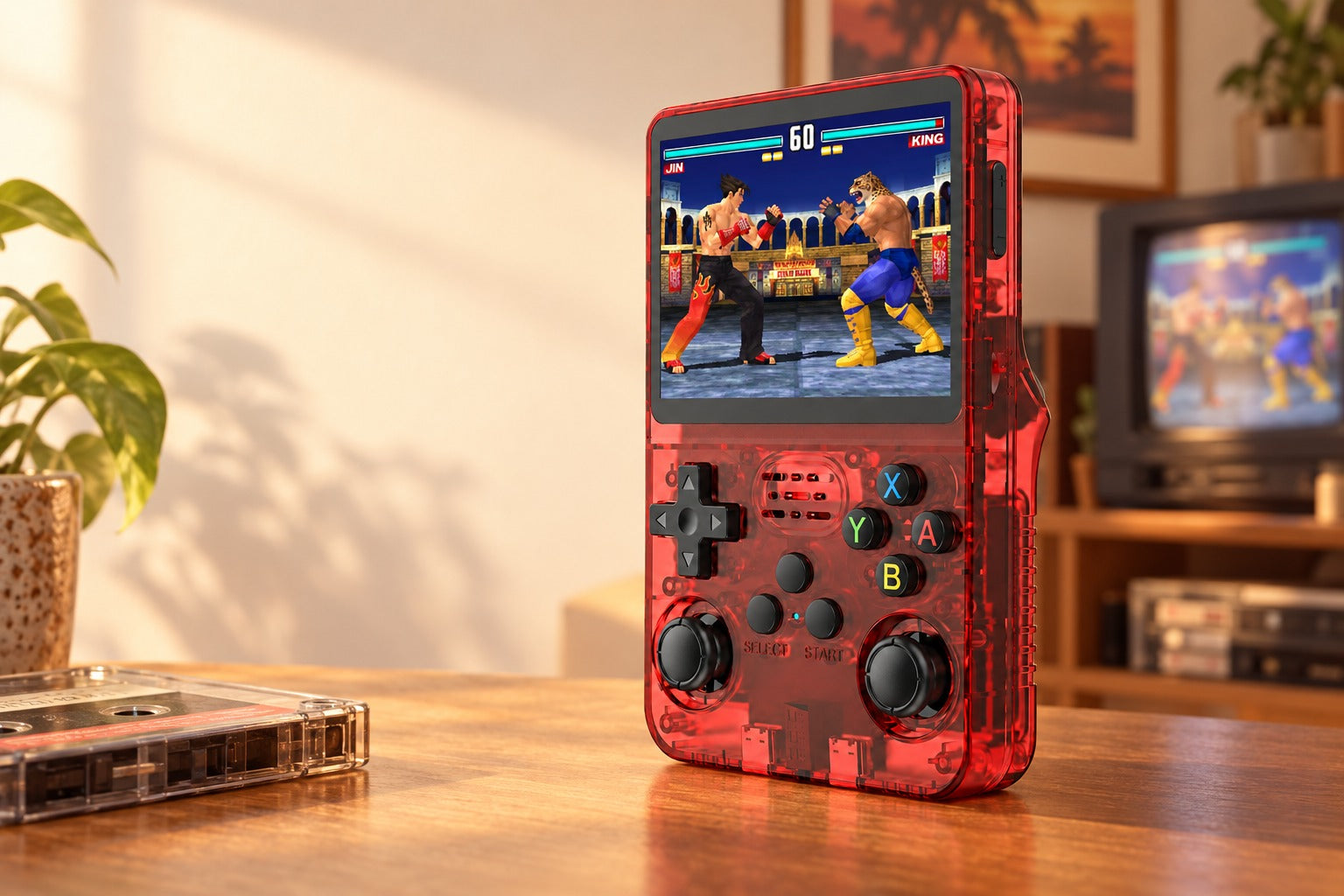 R36S in Rot – Retro-Spielmomente in warmem Wohnzimmerlicht