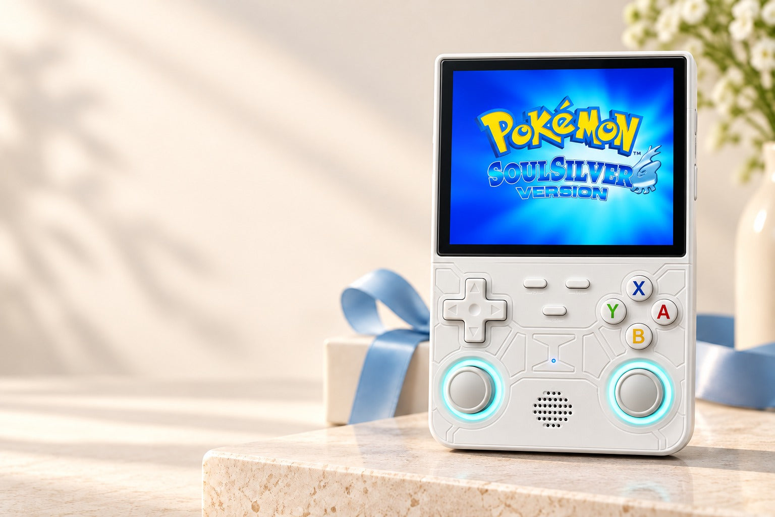 Weiße R36 Ultra mit großem Pokémon-Startbildschirm – Retro-Erinnerungen zum Verschenken