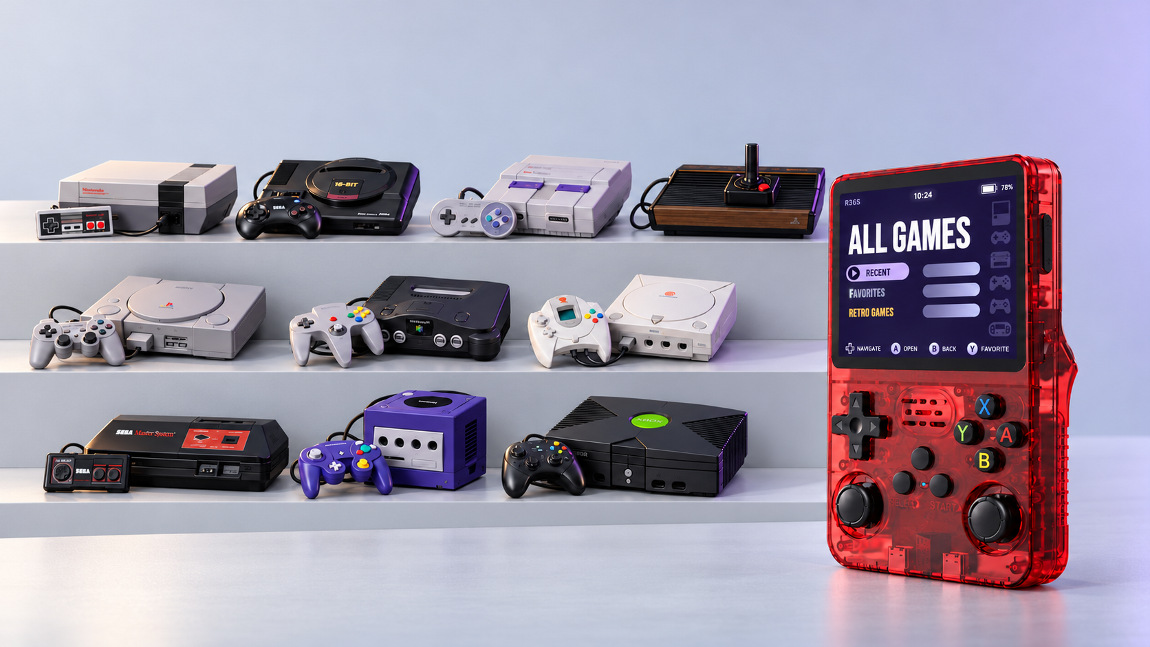 Klassische Heimkonsolen mit Sega Master System auf hellen Studiopodesten, neben einer roten R36S mit ALL GAMES-Menü