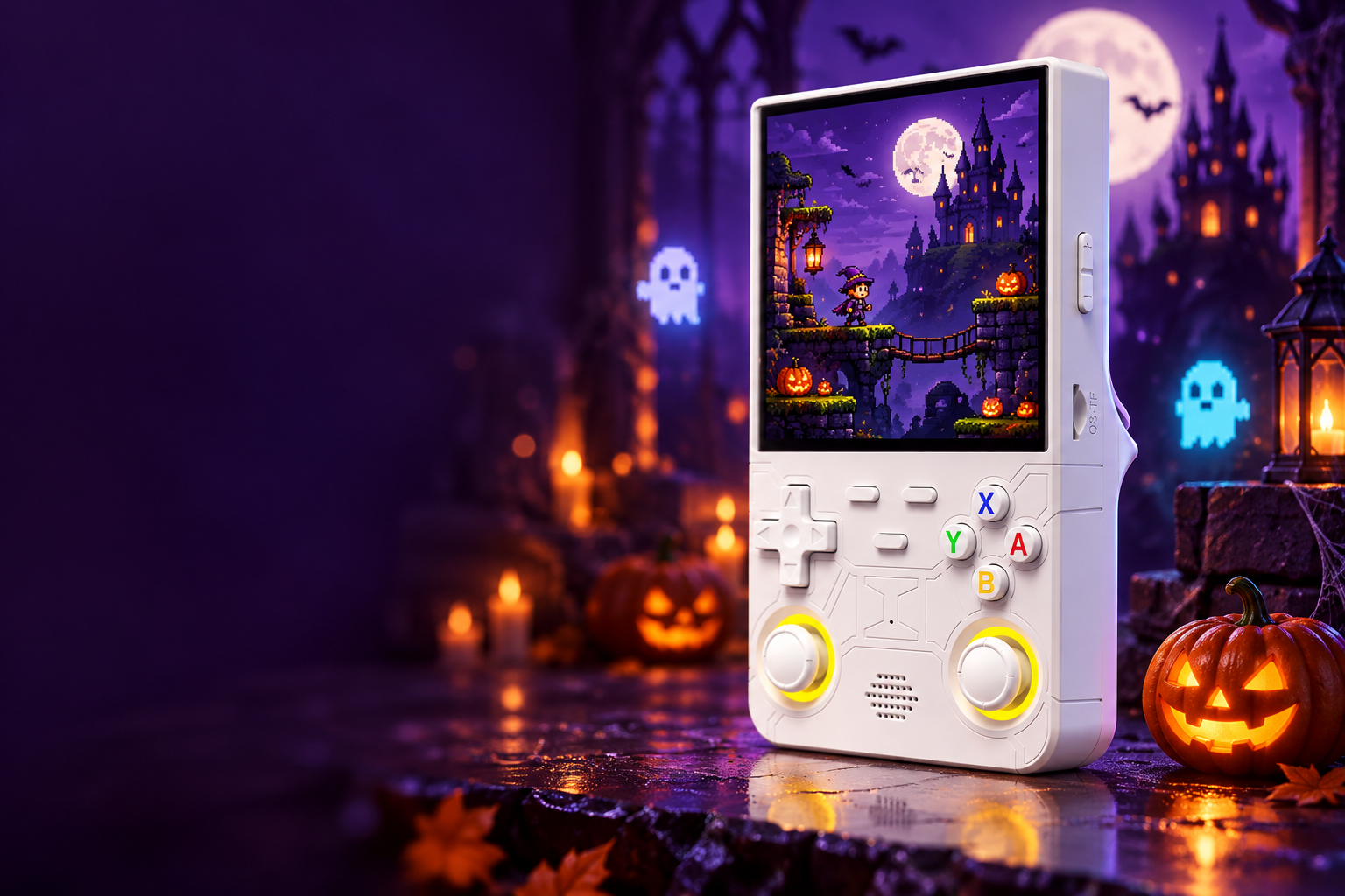 Halloween bei RetroEngel: R36 Ultra mit Kürbis und Pixelgeistern