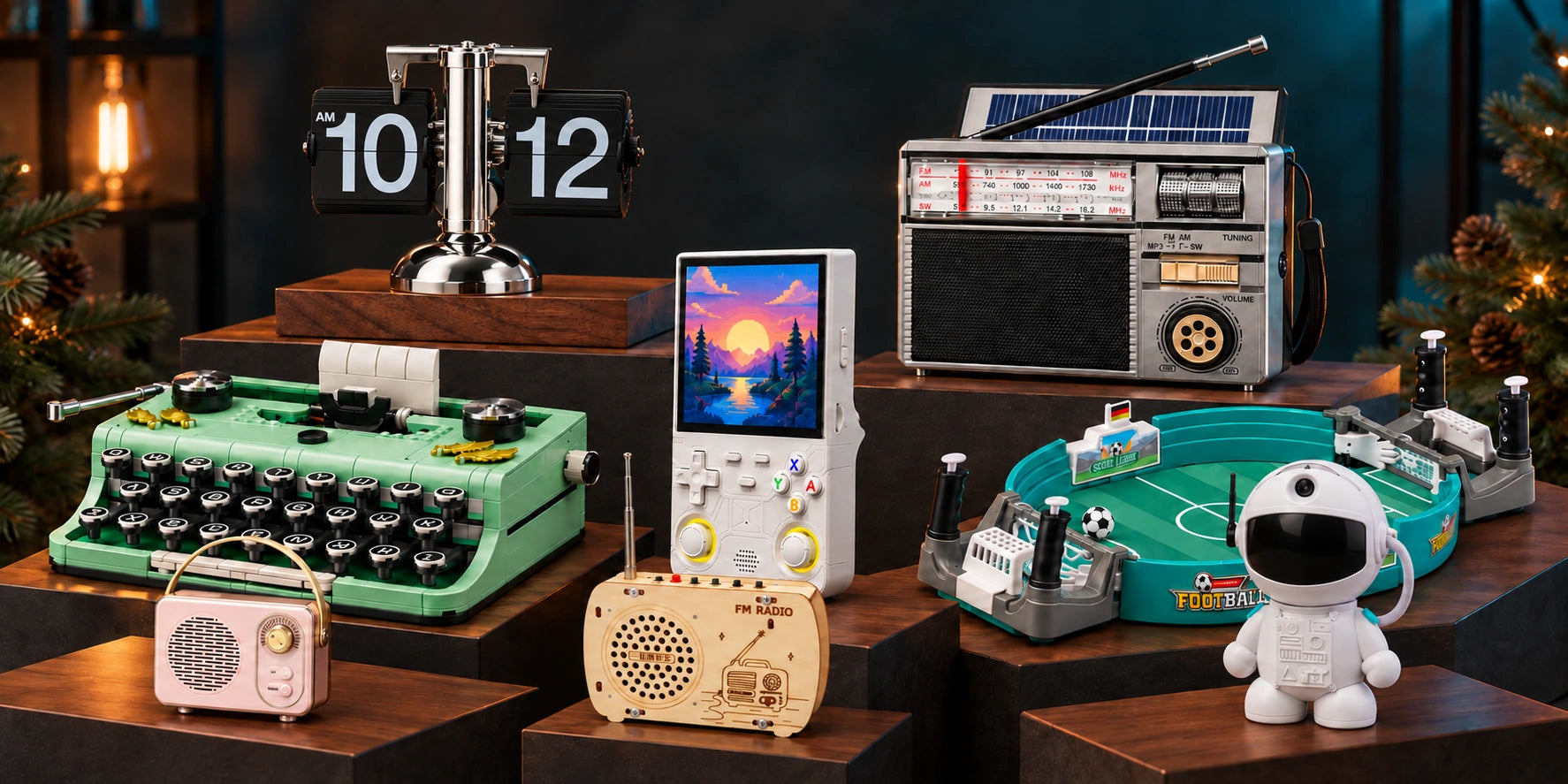 RetroEngel Sortiment: Retro-Konsole, Flip-Uhr, Radio, Lautsprecher, Bausteinmodell, Holzradio, Tischfußball und Astronaut-Projektor